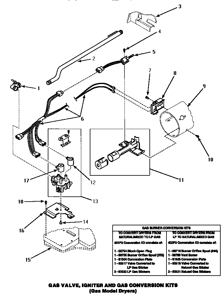 Gas Valve, Igniter & Gas Conversion Kits Diagram and Parts List for LG4509W P1163612WW Amana Dryer