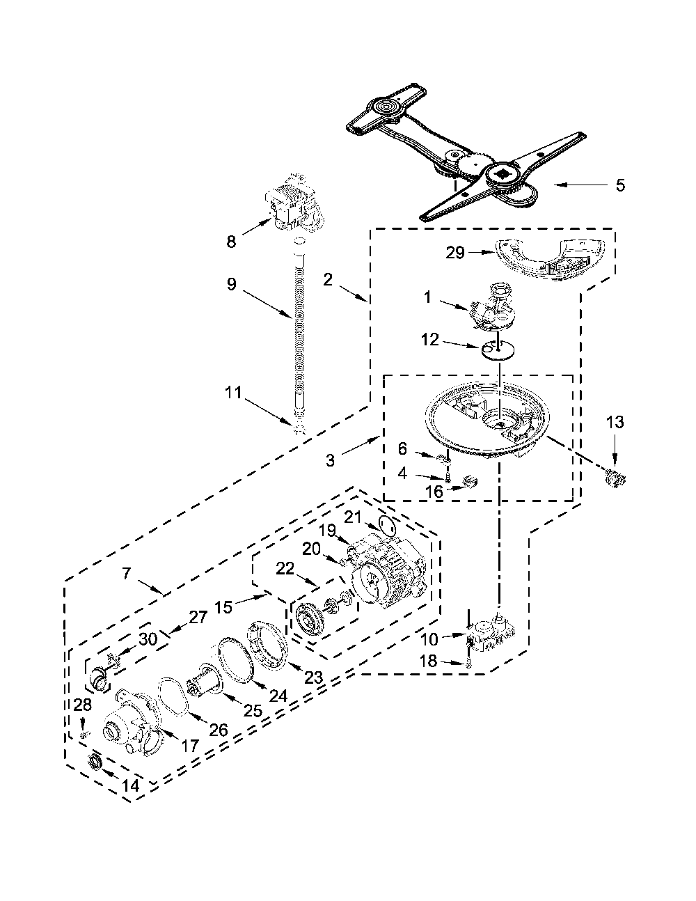 Pump, Washarm And Motor Parts Diagram and Parts List for 66514815N610  Kenmore Dishwasher