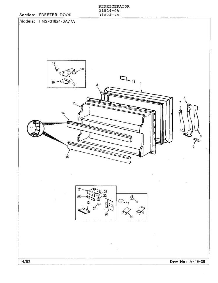 Freezer Door Diagram and Parts List for 31824-0A  Admiral Refrigerator