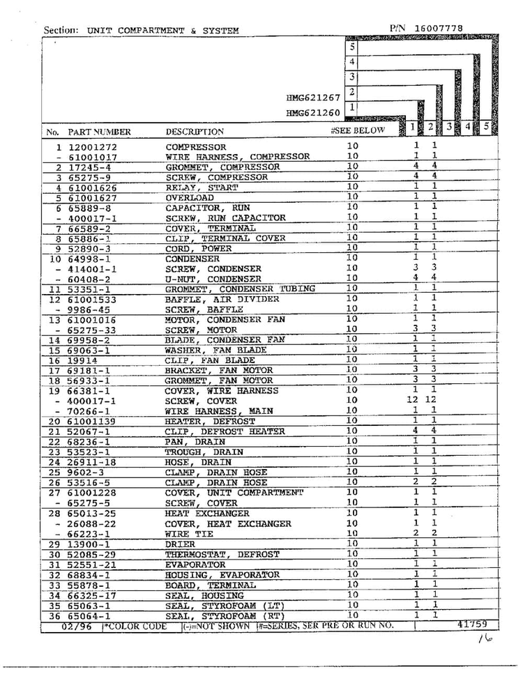 Unit Compartment/system Page 2 Diagram and Parts List for HMG621267  Admiral Refrigerator