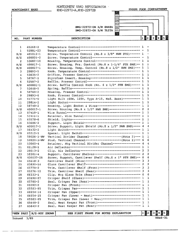 Fresh Food Compartment Assembly Page 2 Diagram and Parts List for 22972A  Admiral Refrigerator