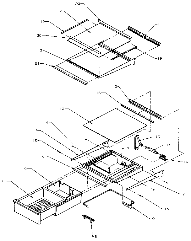 Refrigerator Shelving And Drawers Diagram and Parts List for SSD25NB-P1162409W  Amana Refrigerator