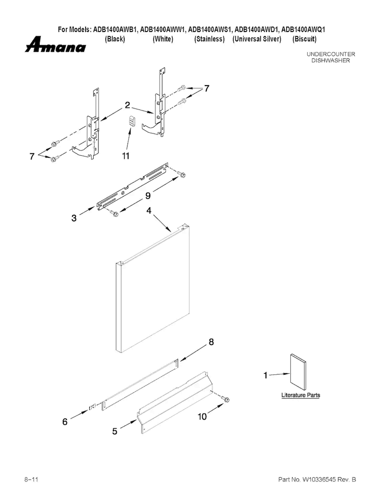 Door And Panel Parts Diagram and Parts List for ADB1400AWD1  Amana Dishwasher