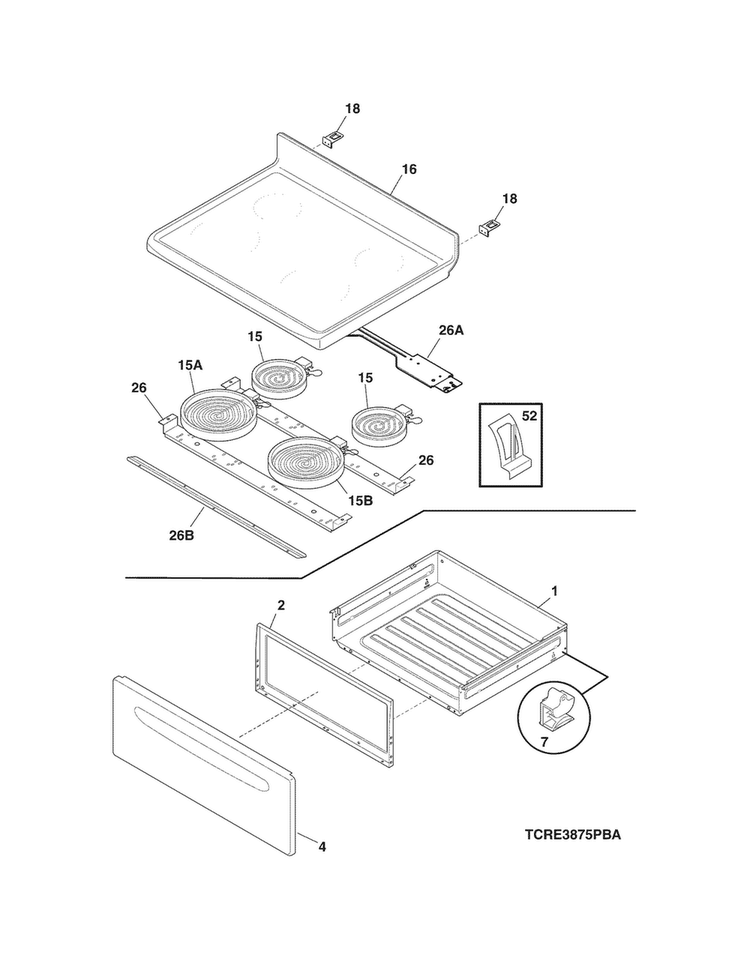 Top/drawer Diagram and Parts List for CRE3875PBA  Crosley Range