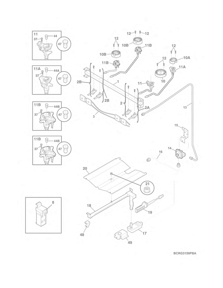 Burner Diagram and Parts List for CRG3150PWC  Crosley Range