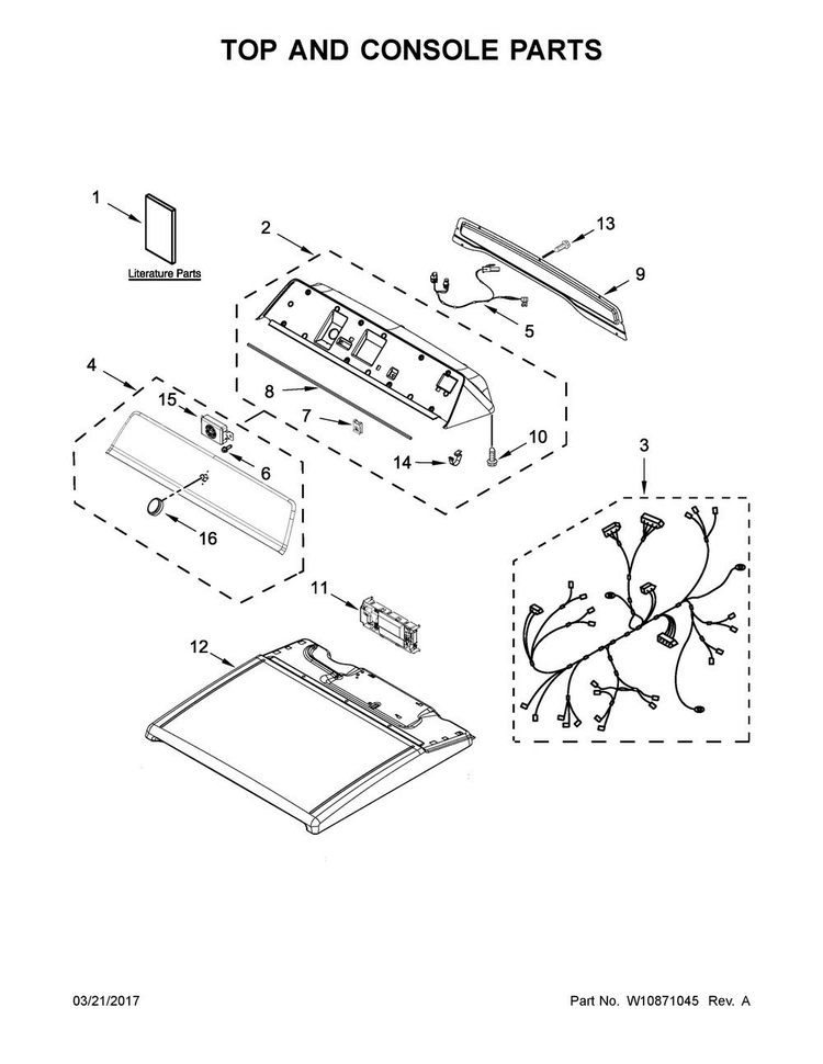 Top And Console Parts Diagram and Parts List for MGDB835DW3  Maytag Dryer