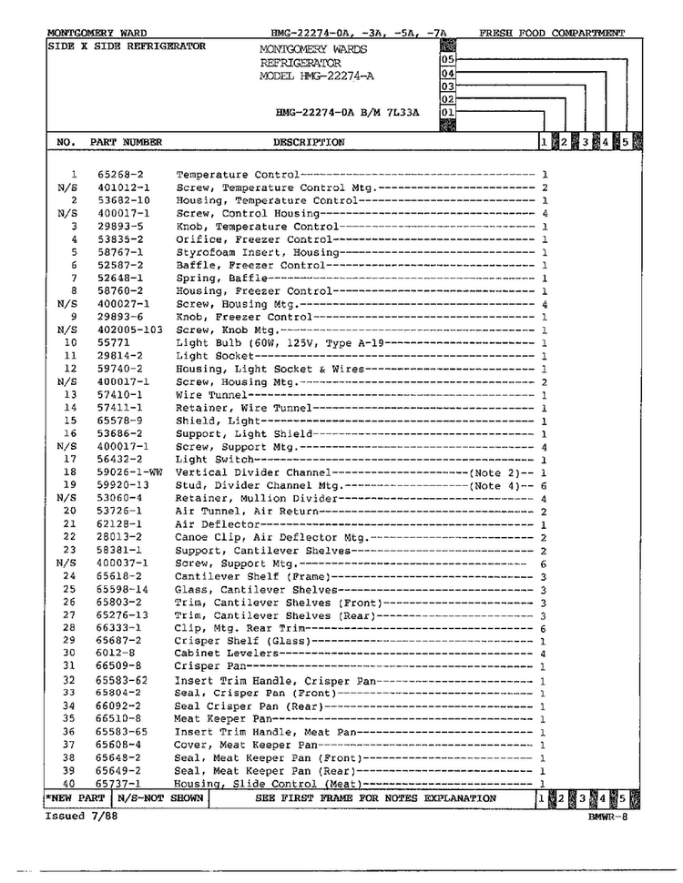 Fresh Food Compartment Page 2 Diagram and Parts List for 22274A  Admiral Refrigerator