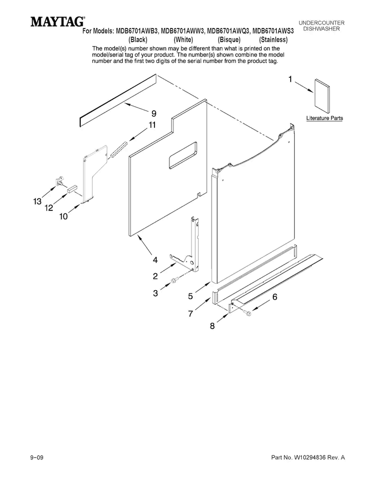 Door And Panel Parts Diagram and Parts List for MDB6701AWQ3  Maytag Dishwasher