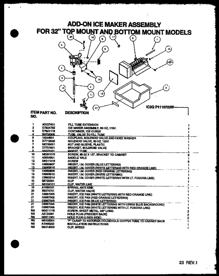 Add-on Ice Maker Assembly Diagram and Parts List for BZ22QL-P1153001WL  Amana Refrigerator