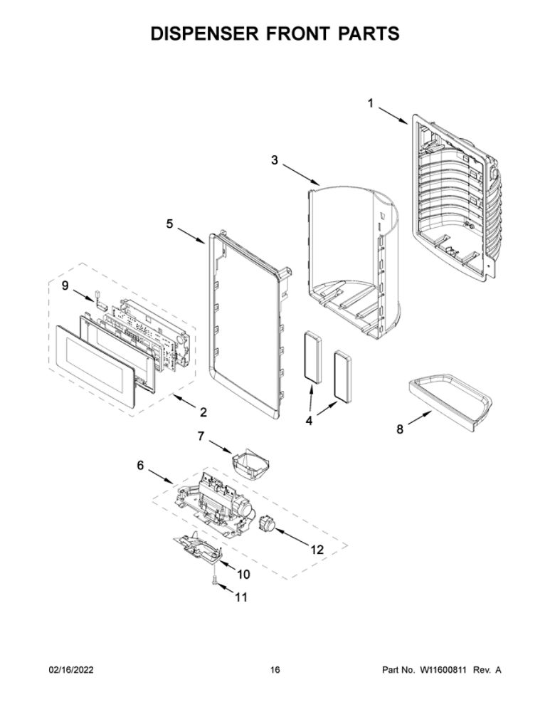 Dispenser Front Parts Diagram and Parts List for MFT2772HEZ03  Maytag Refrigerator