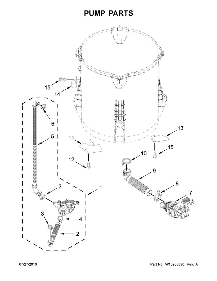 Pump Parts Diagram and Parts List for MVWB855DC1  Maytag Washer