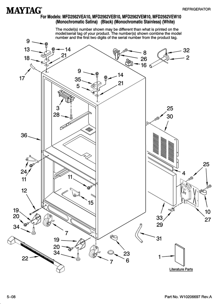 Cabinet Parts Diagram and Parts List for MFD2562VEW10  Maytag Refrigerator
