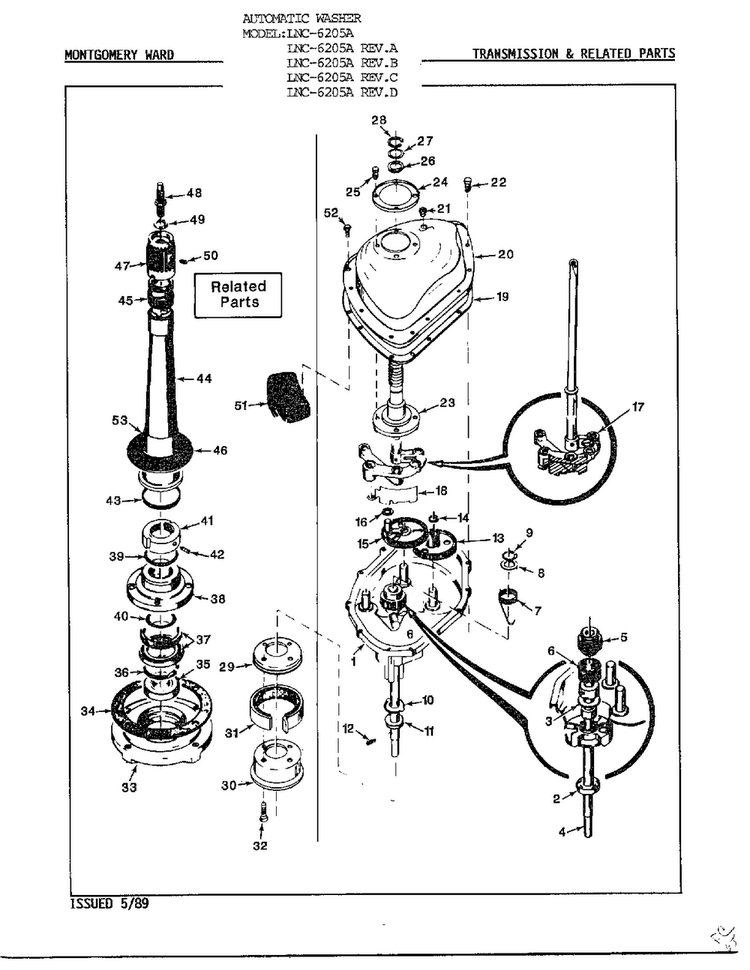 Transmission And Related Parts Diagram and Parts List for 6205A  Norge Washer
