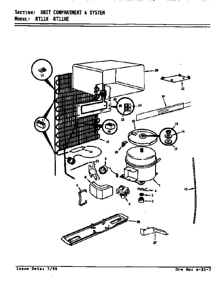Unit Compartment & System Diagram and Parts List for RT11H E7T00 Magic Chef Refrigerator
