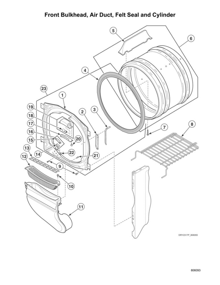 Front Bulkhead/Air Duct/Felt Seal/Cylinder Diagram and Parts List for ATGE9ASP115TW01  Speed Queen Washer Dryer Combo