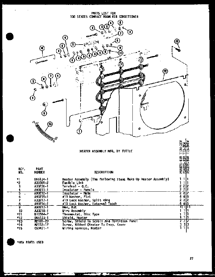 Heater Assembly Mfg. By Tuttle Diagram and Parts List for 113W-3W P54975-64R Amana Air Conditioner