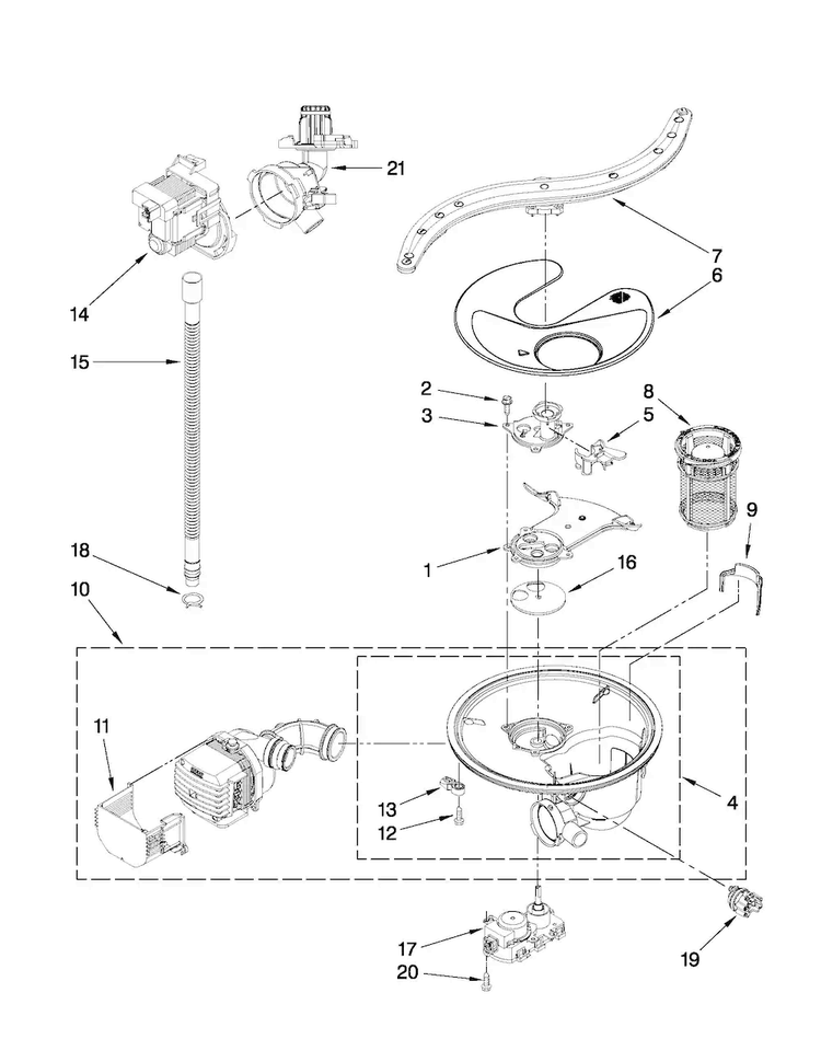 Pump, Washarm And Motor Parts Diagram and Parts List for JDB3600AWS2  Jenn-Air Dishwasher
