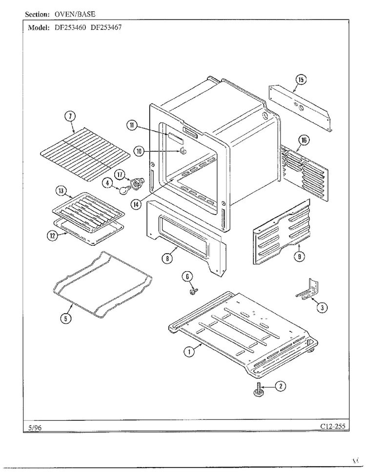 Oven/base Diagram and Parts List for DF253467  Magic Chef Range
