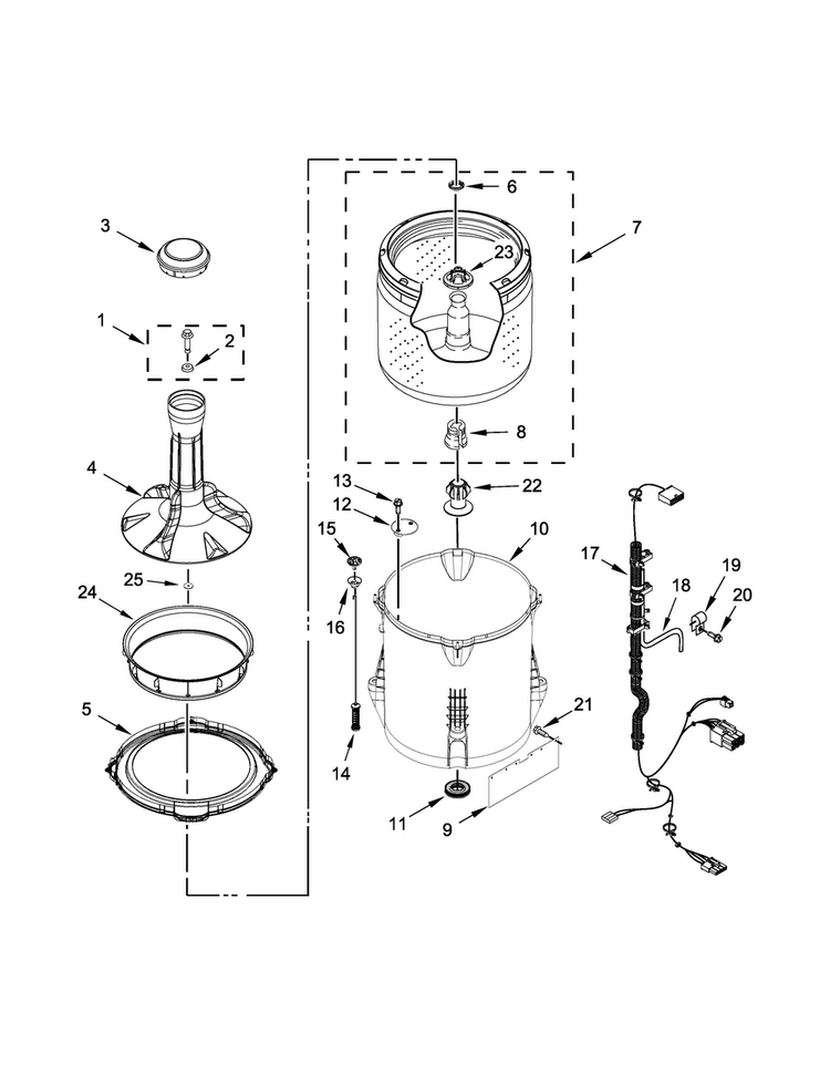 Basket And Tub Parts Diagram and Parts List for MVW18PDAGW0  Maytag Washer