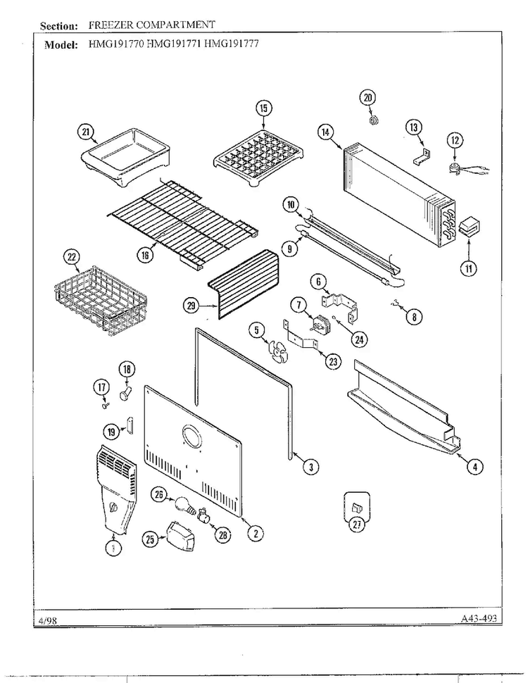 Freezer Compartment Diagram and Parts List for HMG191777  Admiral Refrigerator
