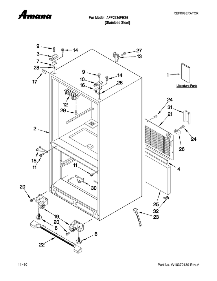 Cabinet Parts Diagram and Parts List for AFF2534FES6  Amana Refrigerator