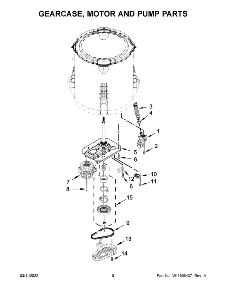 Gearcase, Motor And Pump Parts Diagram and Parts List for ATW4516MW0  Admiral Washer
