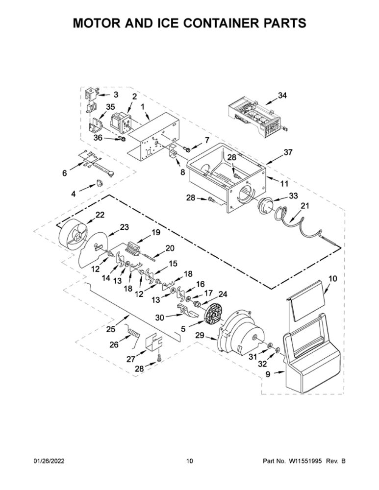 Motor And Ice Container Parts 1 Diagram and Parts List for ASI2175GRW07  Amana Refrigerator