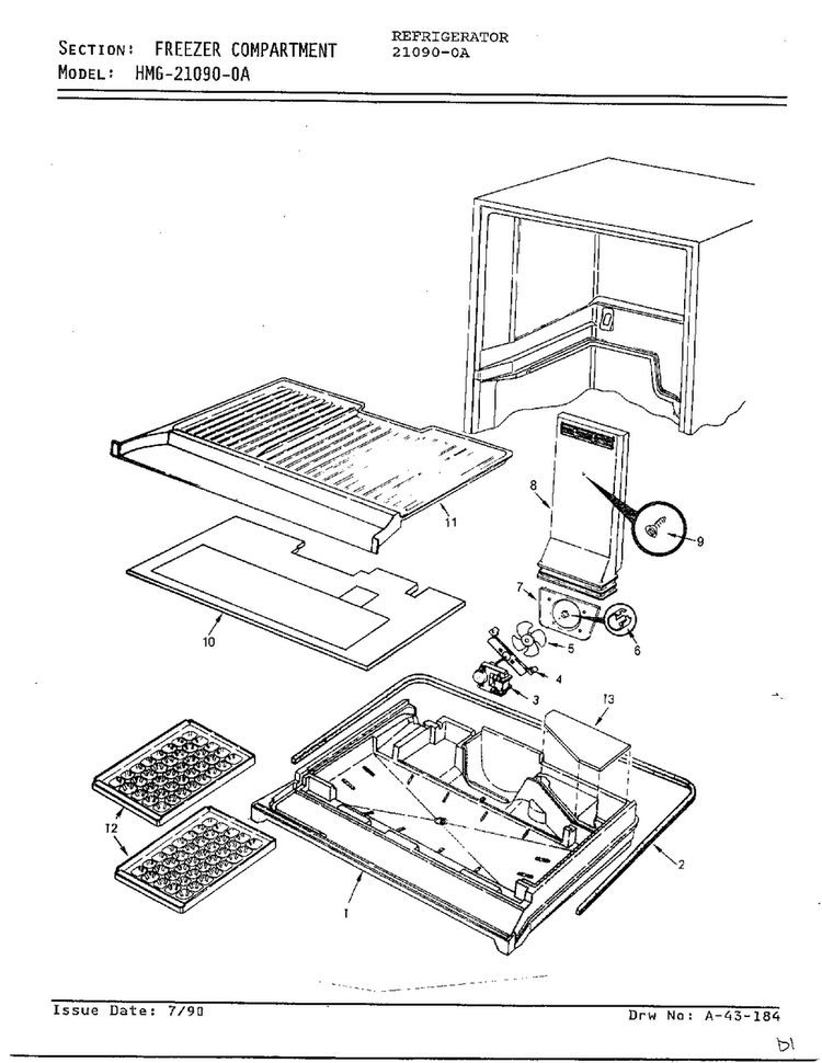 Freezer Compartment Diagram and Parts List for 21090-0A  Admiral Refrigerator