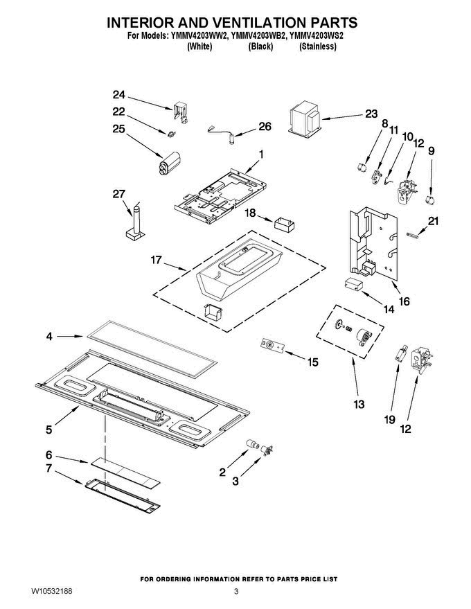 03 - Interior And Ventilation Parts Diagram and Parts List for YMMV4203WB2  Maytag Microwave Oven Combo