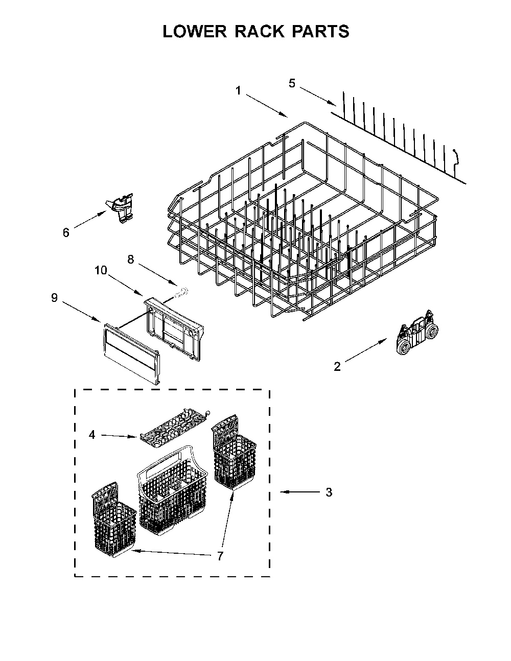 Lower Rack Parts Diagram and Parts List for 66514799N512  Kenmore Dishwasher
