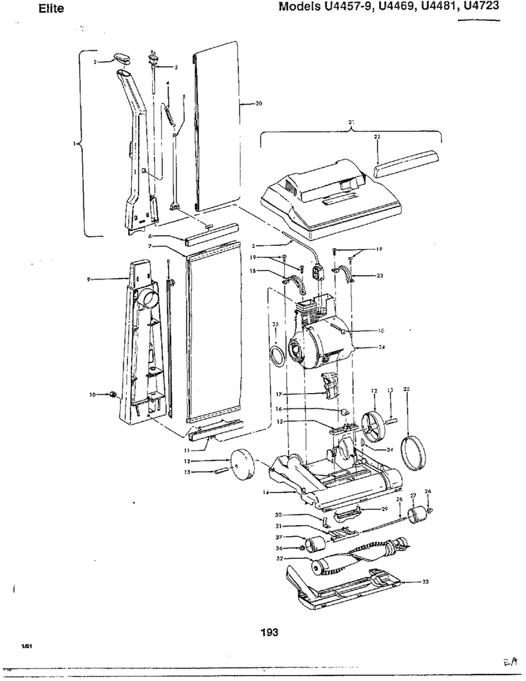 Elite Diagram and Parts List for U4723  Hoover Upright Vacuum
