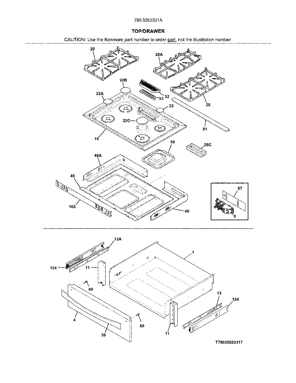 Top/Drawer Diagram and Parts List for 7903262331A  Kenmore Range