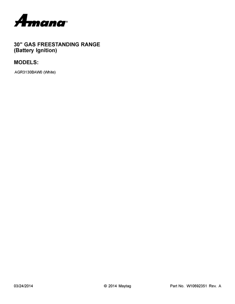 Cover Sheet Diagram and Parts List for AGR3130BAW0  Amana Range