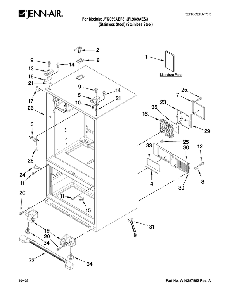 Cabinet Parts Diagram and Parts List for JFI2089AES3  Jenn-Air Refrigerator
