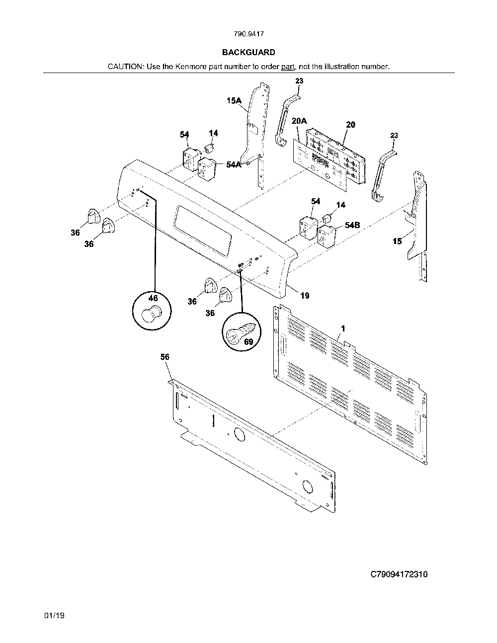 Backguard Diagram and Parts List for 79094179316  Kenmore Range