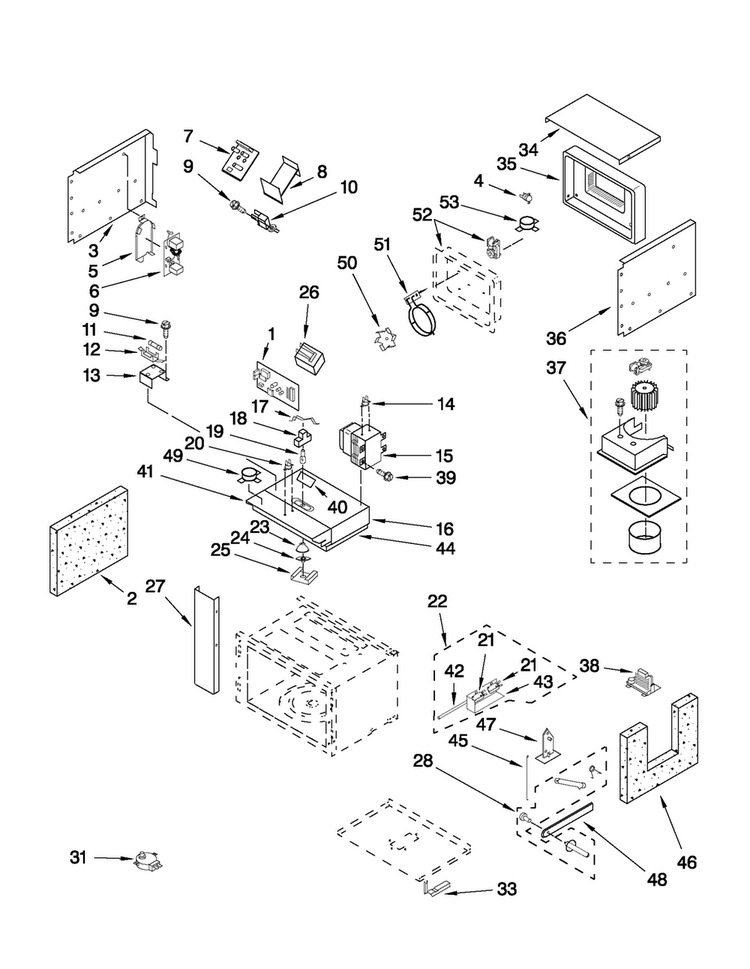 Cabinet And Stirrer Parts Diagram and Parts List for JMW3430WR01  Jenn-Air Microwave