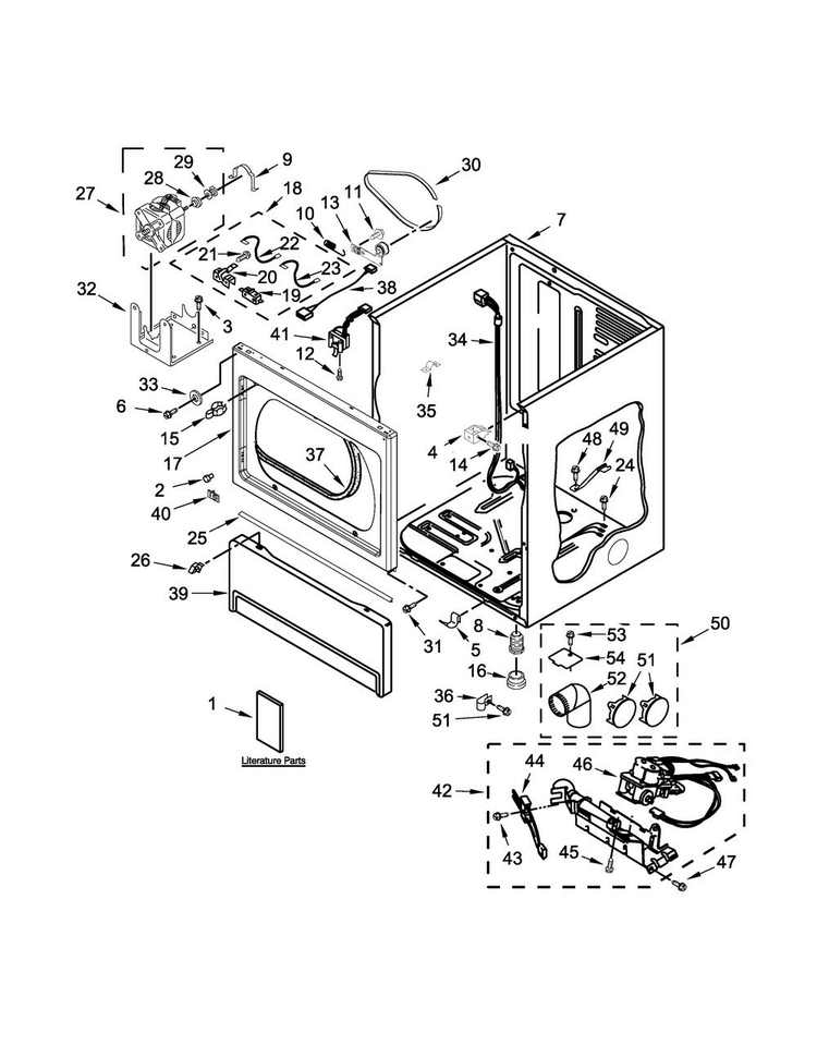 Lower Cabinet And Front Panel Parts Diagram and Parts List for MLG26PRKWW0  Maytag Dryer