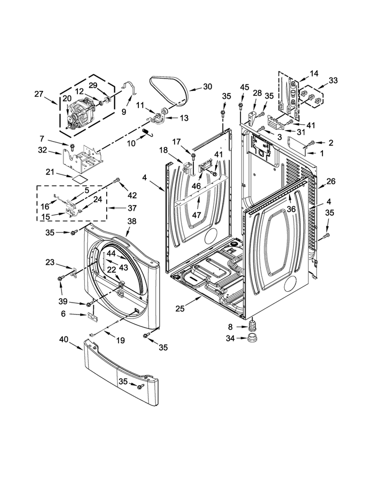 Cabinet Parts Diagram and Parts List for MDE28PDCYW0  Maytag Dryer