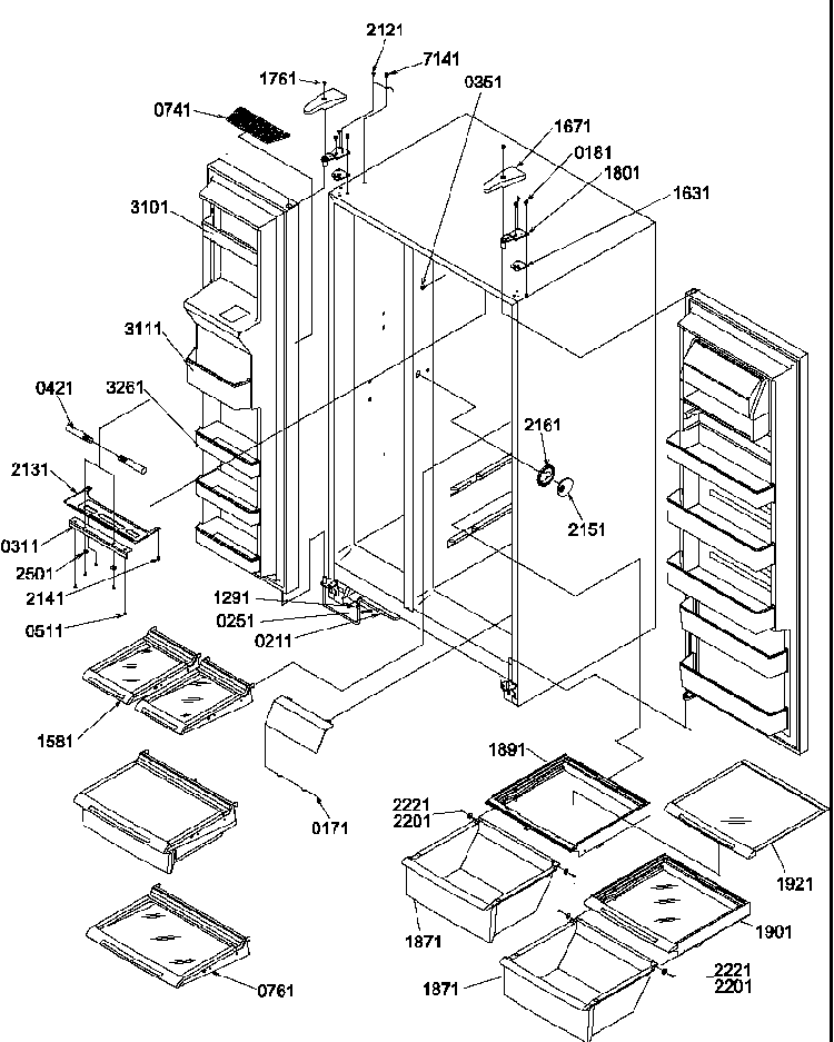 Refrigerator/freezer Shelves, Lights, And Hinges Diagram and Parts List for SRD522TW-P1313301WW  Amana Refrigerator