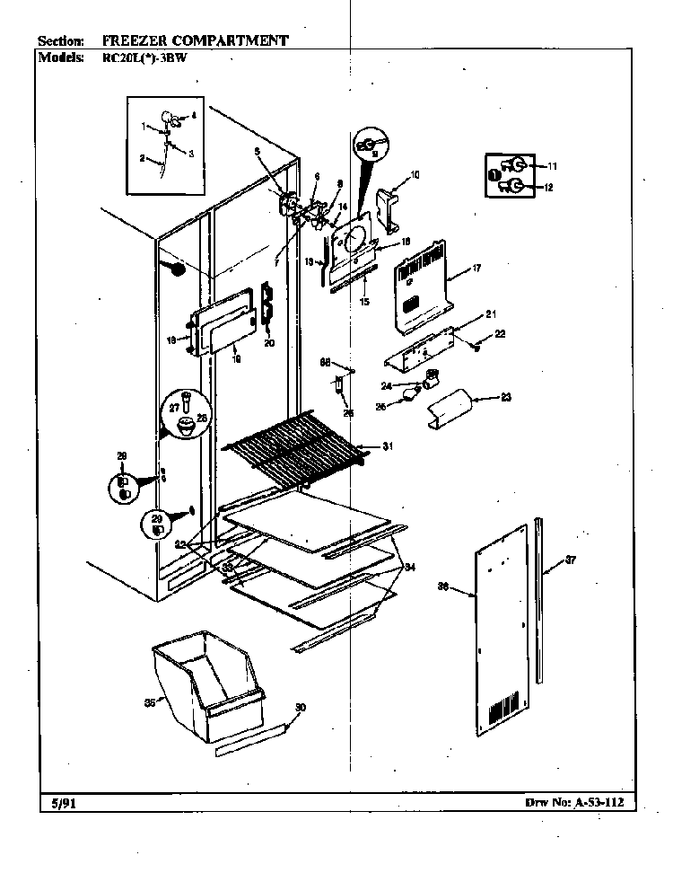 Freezer Compartment Diagram and Parts List for RC20LA-3BW-BS08A  Magic Chef Refrigerator