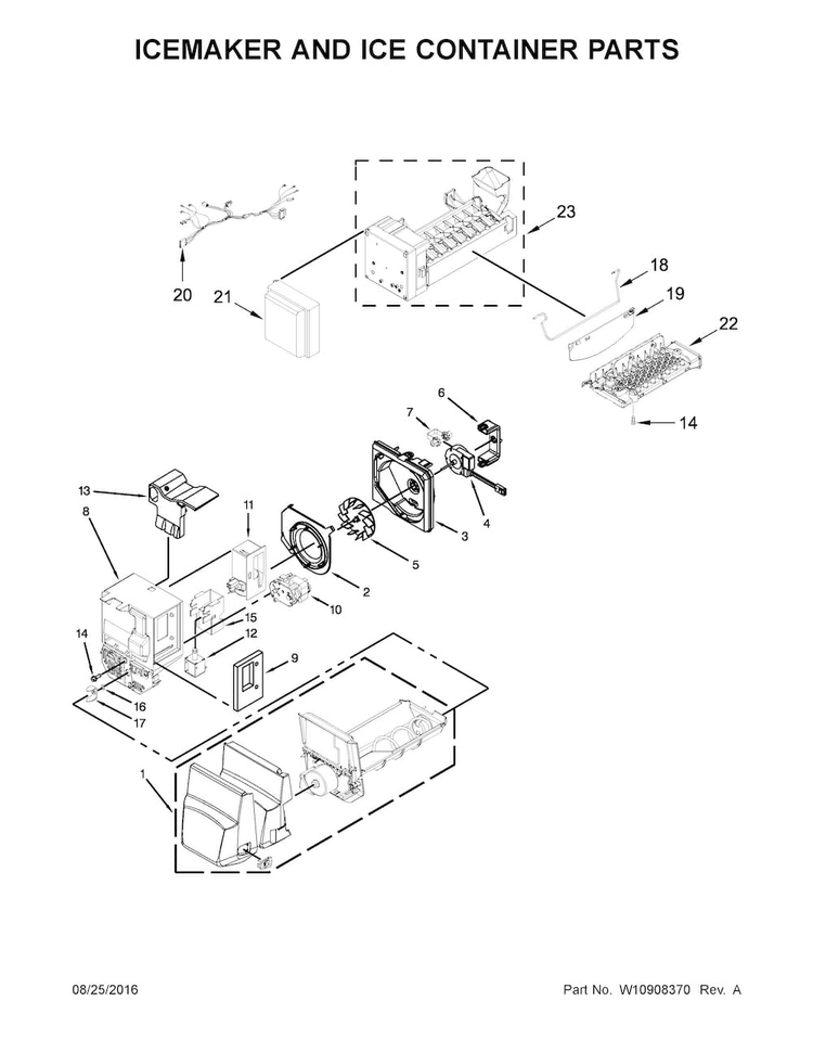 Icemaker And Ice Container Parts Diagram and Parts List for MFI2570FEE01  Maytag Refrigerator