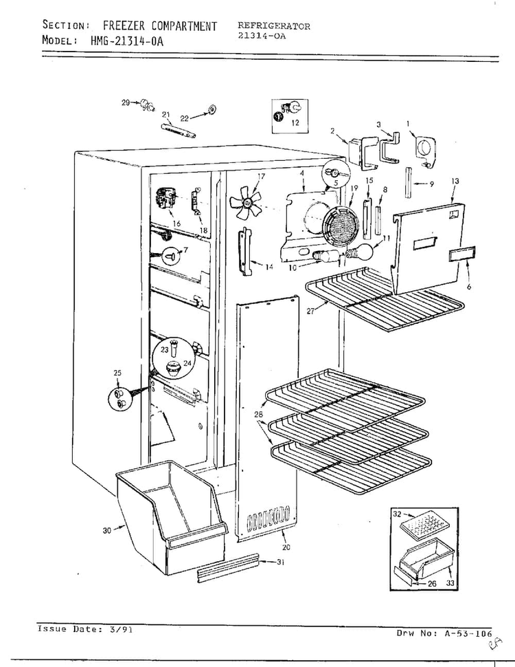 Freezer Compartment Diagram and Parts List for 21314-0A  Admiral Refrigerator