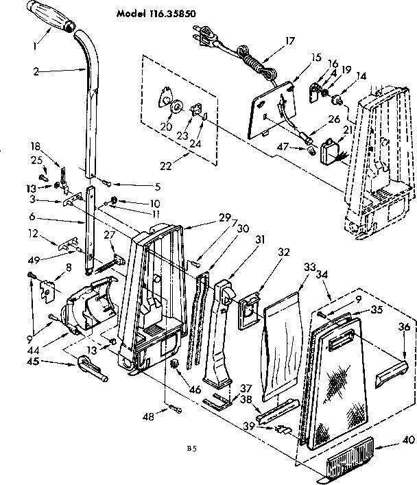 Handle And Bag Housing Diagram and Parts List for 11635850  Kenmore Upright Vacuum