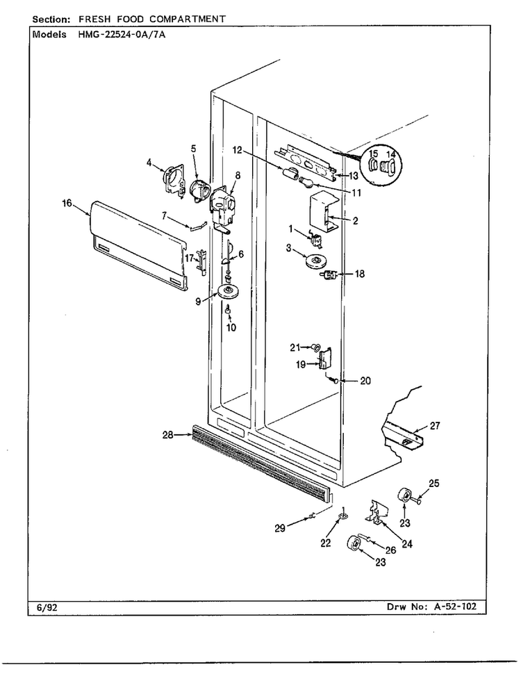 Fresh Food Compartment Diagram and Parts List for 22524-7A  Admiral Refrigerator