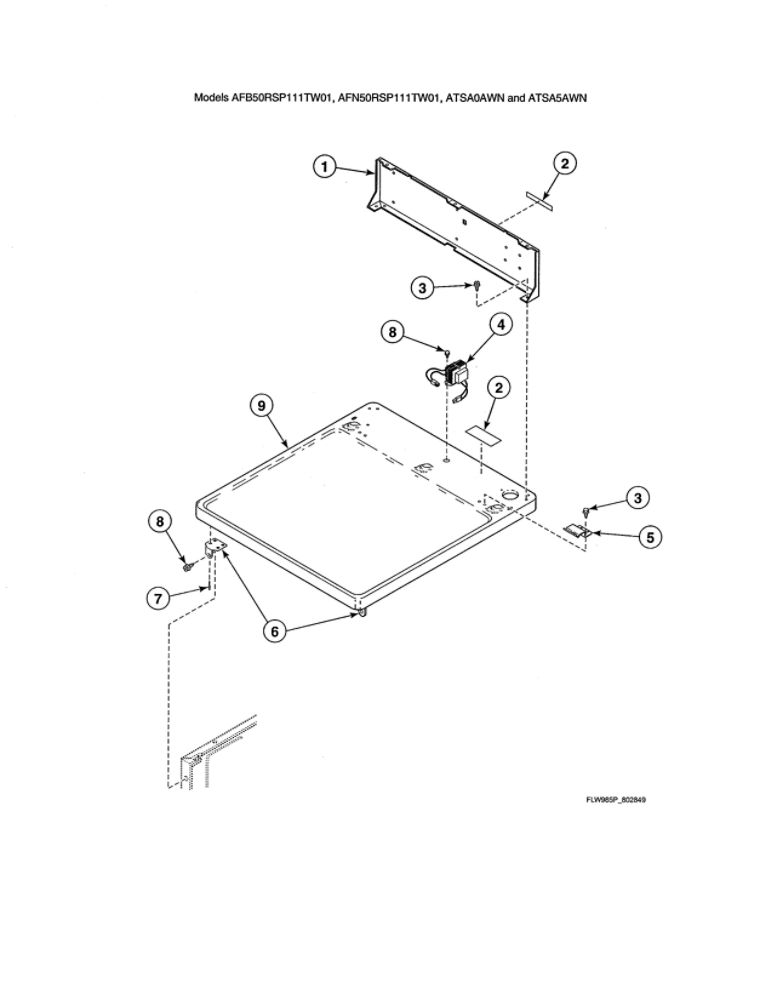 Cabinet Top/Control Hood Rear Panel Diagram and Parts List for AFN50FSP111TW01  Speed Queen Washer