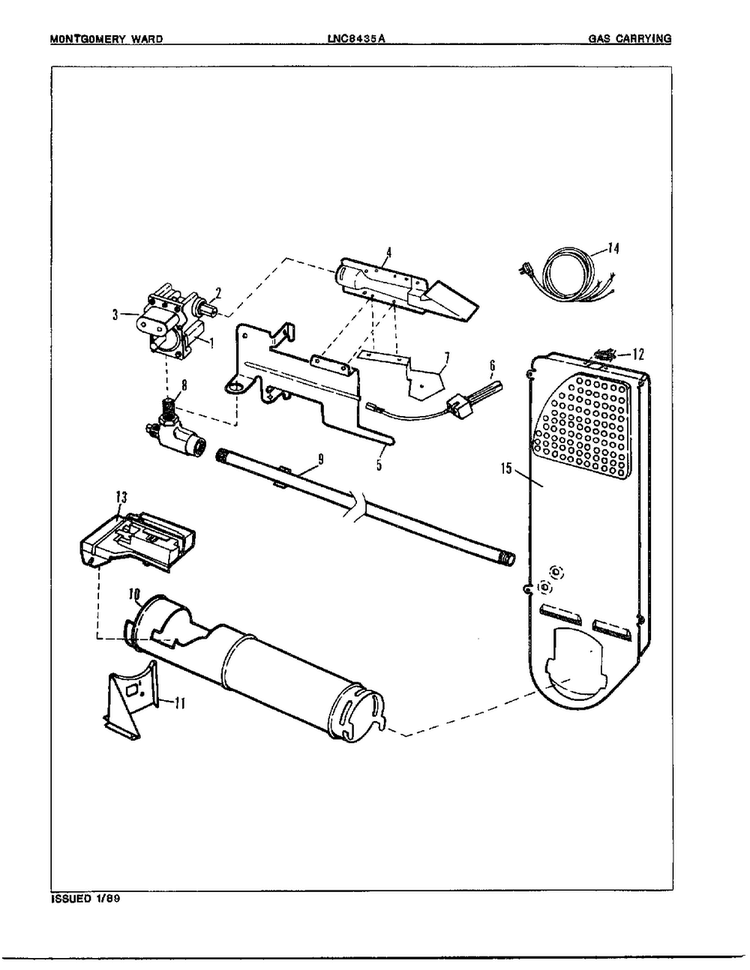 Gas Dryer Gas Carrying Assembly Diagram and Parts List for 8435A REV E Norge Dryer