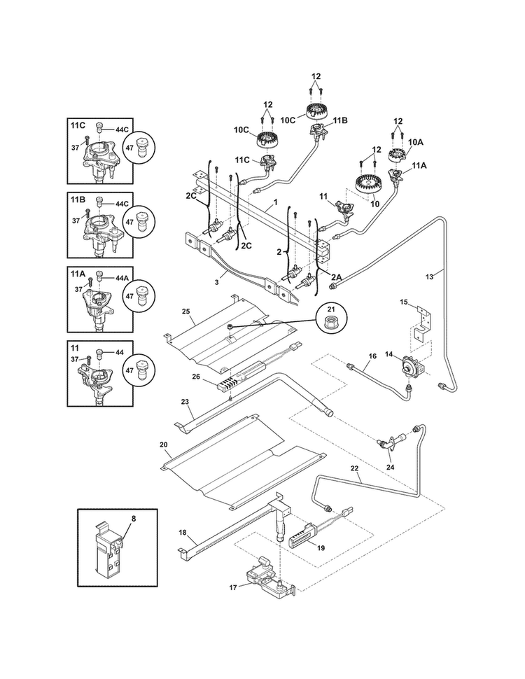 Burner Diagram and Parts List for CRG3480PSA  Crosley Range