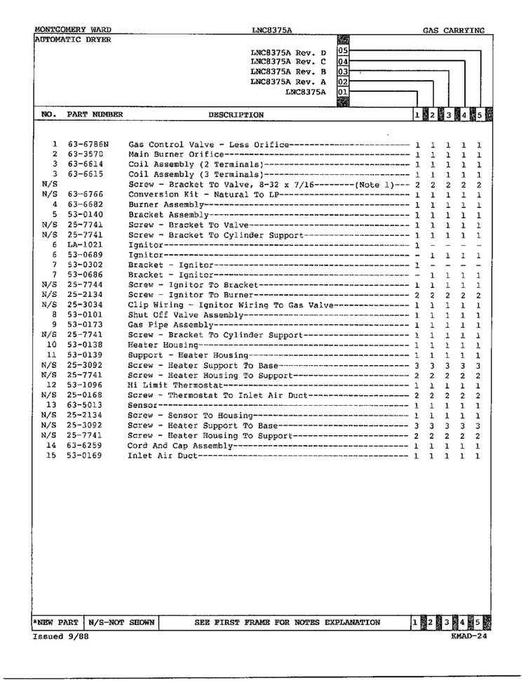 Gas Dryer Gas Carrying Assembly Page 2 Diagram and Parts List for 8375A REV D Norge Dryer