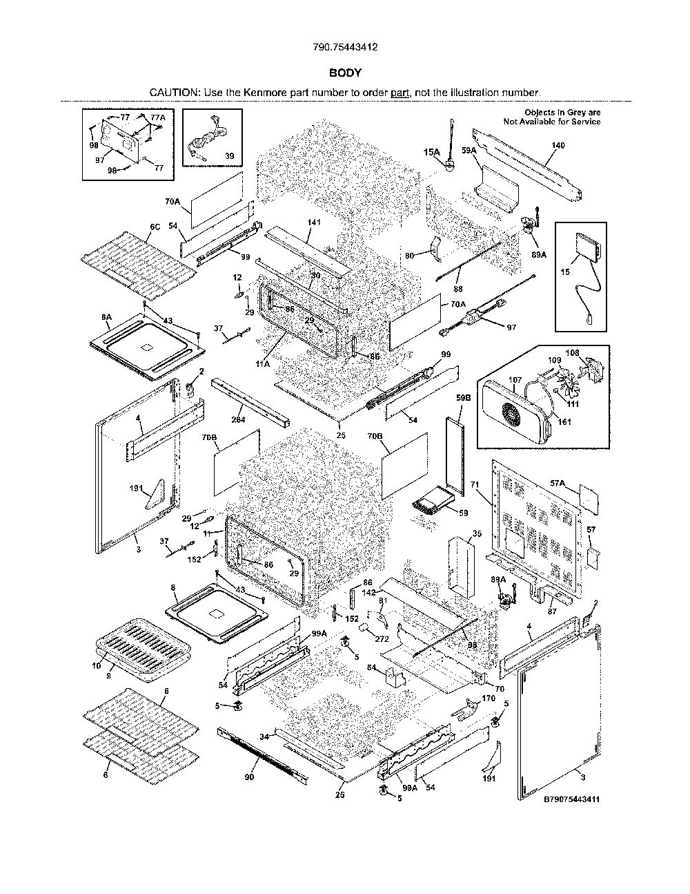 Body Diagram and Parts List for 79075443412  Kenmore Range