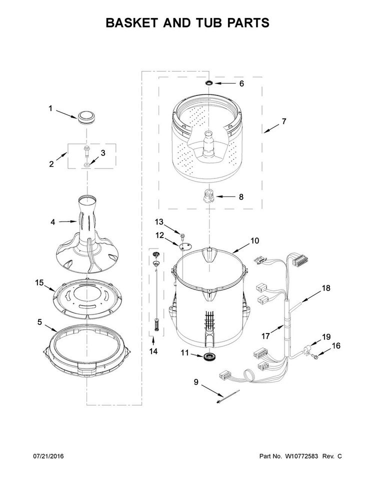 Basket And Tub Parts Diagram and Parts List for NTW4615EW0  Amana Washer